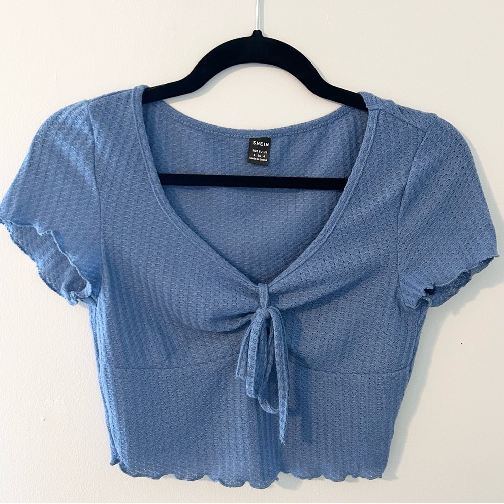 Periwinkle Blue Tie-Front Short Sleeve Crop Top Size S - Picture 1 of 6